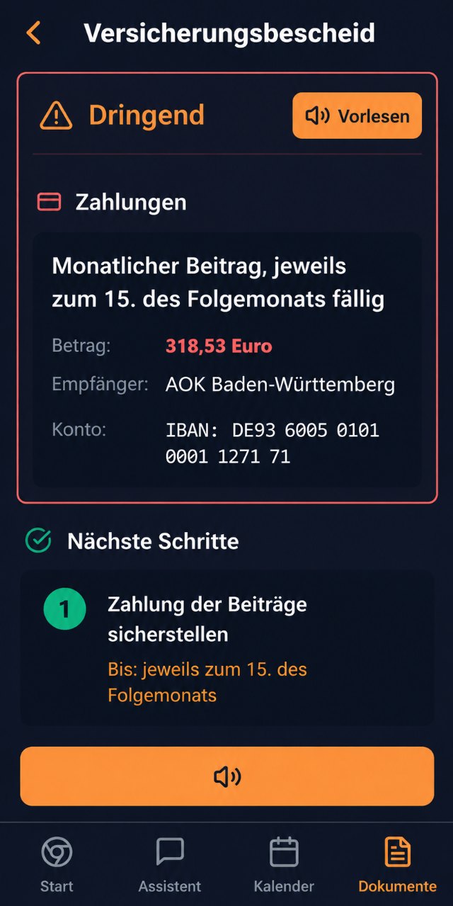 Schritt 2 in der App: Der Versicherungsbescheid ist erklärt, mit Hinweis „Dringend“, Zahlungsbetrag, Empfänger, nächsten Schritten und einem Vorlesen-Button