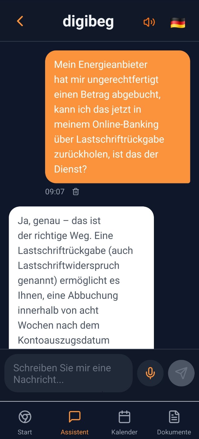 Schritt 3 in der App: Chat mit dem Assistenten, eine Nachfrage zur Lastschriftrückgabe wird verständlich beantwortet
