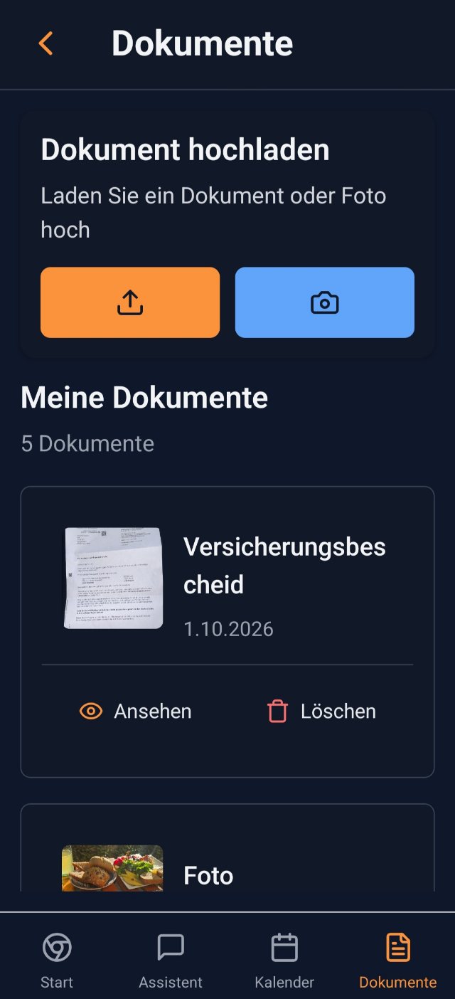 Schritt 1 in der App: Bildschirm „Dokumente“ mit den Buttons zum Hochladen und Fotografieren sowie einem gespeicherten Versicherungsbescheid